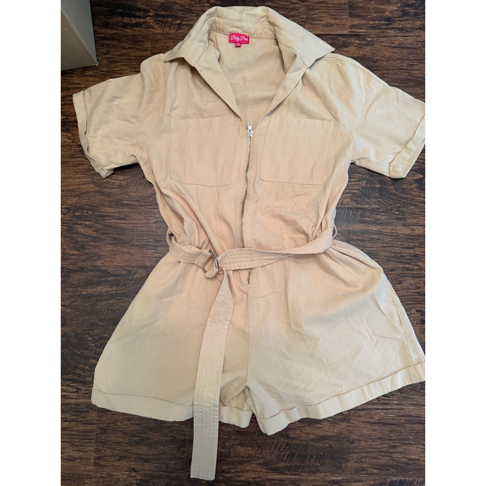 Baby Pink Tan Utility Romper Short Sleeve Zip Front Belted Twill Jumpsuit Small